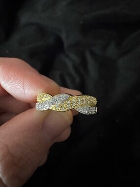 Fashion Jewelry Two-Tone Gold and Silver Twisted Pave Ring